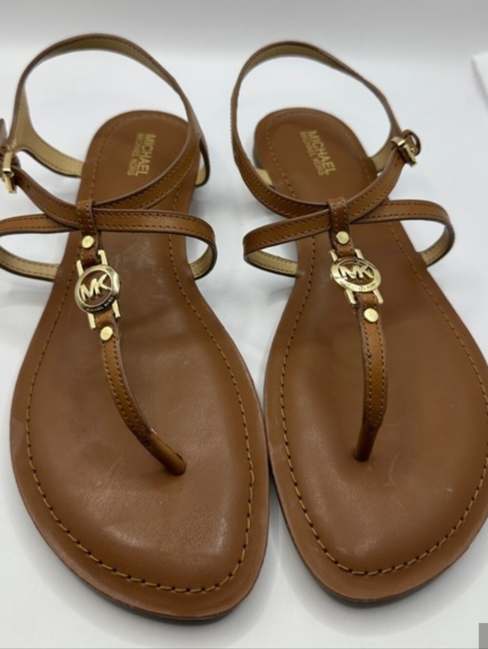 Michael Kors Bethany Leather T-Strap Sandals with Gold Logo,